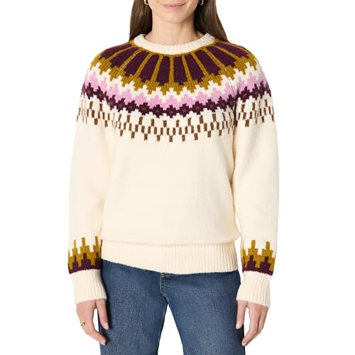 Amazon Essentials Damen Fair-Isle Oversize-Pullover mit Rundhalsausschnitt Creme Karamell Gestricktes Zickzackmuster M