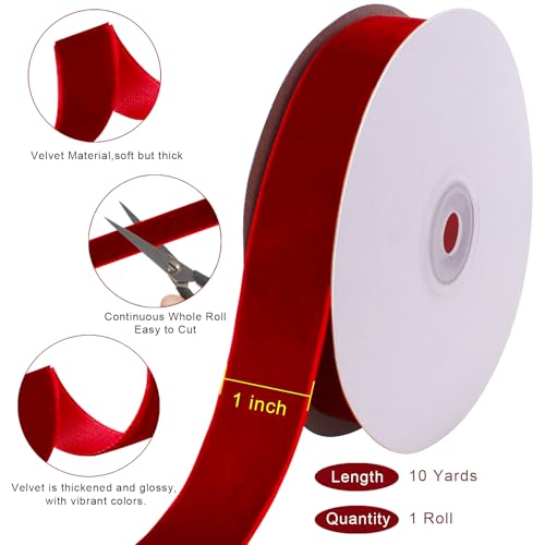 Image of Tsorode 10 Yards Black Velvet Ribbon 1 Inch for Christmas Tree,Velvet Christmas Ribbon for Gift Wrapping Crafts Bow Wreath Holiday Decorations (Red, 1 inch-10 Yard)