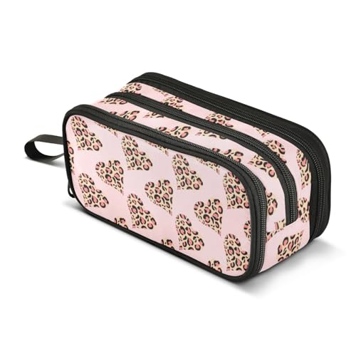 Image of Pencil Case Leopard Print Loving Heart 3 Compartments Pencil Pouch | Big Capacity,Aesthetic,Organizer Markers,Pencil Box,,Boys,Girls,Adults,Students,Back to School Season,Gift