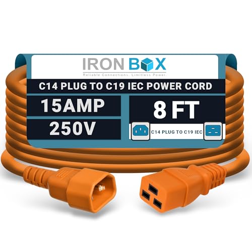 Image of IronBox Electric - Heavy-Duty C14 to C19 Power Cord, 15A, 250V, 14 /3 SJT - IEC60320 PC Cable for Computer Extensions, Monitor, PSU - C14 Male to C19 Female Connector Power Cable - (Orange 8 Foot)