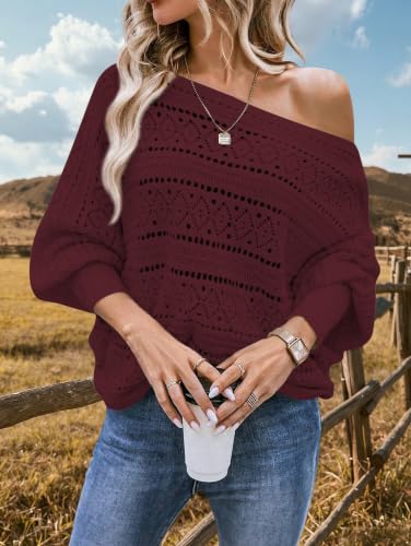 Image of Cakulo Womens Off Shoulder Sweater Top Fall Outfits Fashion 2026 Oversized Knit Batwing Long Sleeve Crochet Pullover Sweaters