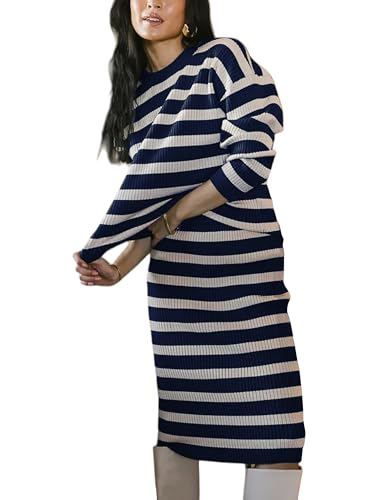 Image of Women's 2 Piece Sweater Outfits Striped Long Sleeve Pullover Top High Waisted Midi Skirt Knit Sweater Dress Sets (Navy-S), Small