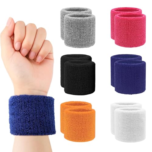12Pcs Sweat Band 6 Pair Colourful Wristband Sports Protective Elastic Sports Wrist Sweat Bands Men Women Athletic Cotton Sweatbands Reusable WristBands for Badminton Tennis Football Basketball