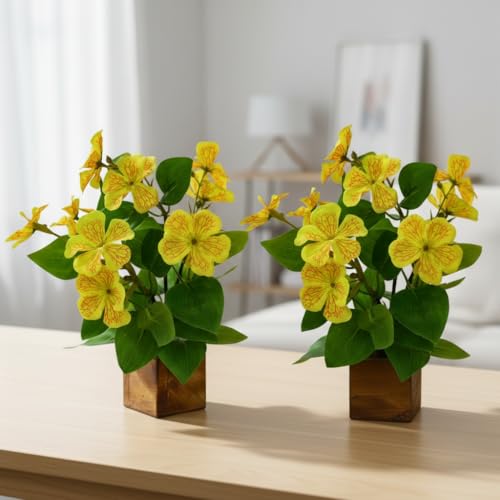 Image of fancymart Artificial Flower Plant Set of 2 with Wooden Pot - 23 cm Height | Real-Touch Faux Floral Decor for Home, Office, Living Room, Bedroom, Desk & Gift Purpose