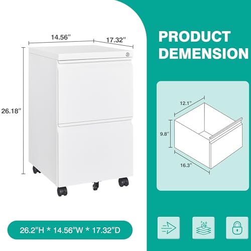 Image of SISESOL Assembled 2 Drawer File Cabinet on Wheels,Metal Filing Cabinet with Lock,White Rolling File Cabinets,Under Desk Office Cabinets for Home Office,Fit A4 /Letter /Legal,Pre-Assembled Except Caster