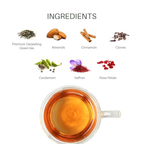 Image of TEAVINE Kashmiri Kahwa Green Tea 60g | Traditional Saffron, Almond & Cardamom Wellness Tea | Supports Digestion & Detox | 100% Natural Ingredients | Free SS Infuser