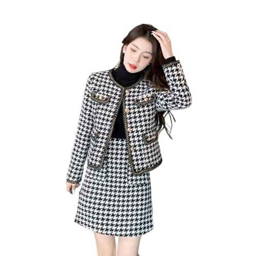 Ensemble tailleur pied-de-poule femme avec veste en laine tweed et jupe crayon chic pour l'hiver