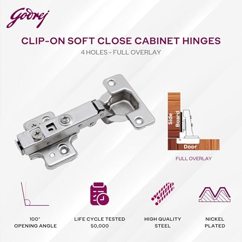 Image of Godrej Cabinet Hinges | Soft Close | Clip On 3D | 4 Hole Full Overlay | Suitable for 14-20 mm Thick Panel | 105 Opening | Wardrobe, Kitchen, Bathroom | 1 Year Warranty