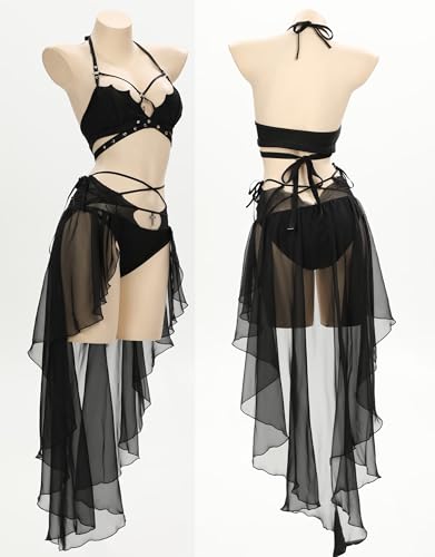 MEOWCOS Black Halter Neck Chest Cutout Two-Piece Swimsuit with Gauze Skirt2