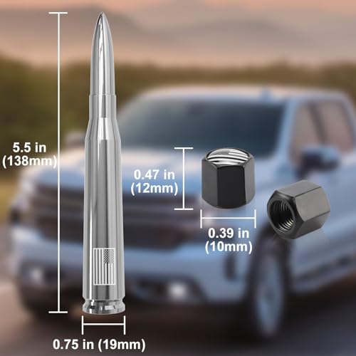Image of Car Truck Antenna with Tire Valve Caps American Flag Short Replacement for GMC Sierra Chevy Silverado Dodge Ram 1500 2500 3500 Ford F150 F250 F350 Super Duty Raptor Accessories, Chrome
