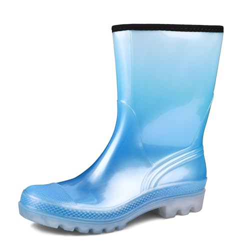 DKSUKO Rain Boots for Women Waterproof Insulated Rubber Garden Boots Wide Calf for Outdoor Gardening Rainy Days & Yard Work (Pearlized Blue Gradient,11)