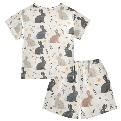 ALAZA Rabbit Bunny Cute Leaves Pajamas Set Short Sleeve Cotton Sleepwear Summer Pjs 2 Piece 5-14Y2