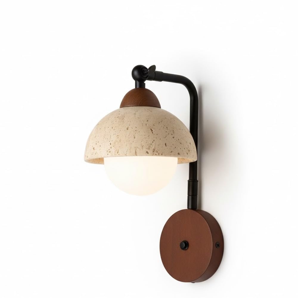 LUOYAOB Modern Nordic Adjustable Travertine Wall Sconce Wood Base Globe Wall Lamp Hardwired Bedside Reading Light for Bedroom Living Room Hallway Study