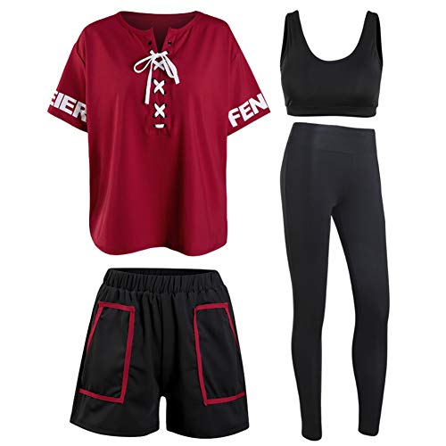 TIAN Women's yoga wear, quick-drying clothes, casual fitness sportswear, four-piece suit, comfortable and breathable, good elasticity, suitable for yoga/fitness (red/white/green),Red,XXL