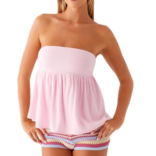 Baynoyia Womens’s Ruffle Tube Tops Casual Strapless Peplum Flowy Bandeau Tank Top Sleeveless Blouse Shirts Going Out (Pink, S)
