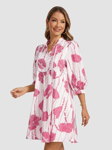 Image of EZAPINE Women Floral Babydoll Mini Dress V Neck 3 /4 Puff Sleeves A Line Flowy Swing Summer Sun Dresses