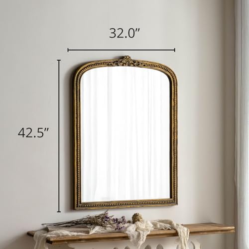 Image of ZIYOO French Vintage Ornate Arched Wall Mirror, Gold Framed Decorative Mirror, Ornate Baroque Accent Mirror for Living Room, Bedroom, Entryway, Fireplace, 42.5 inch x 32 inch