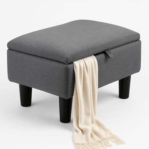 YORKING Footstool with Storage Small Ottoman Stool Fabric Footstool with Padded Seat Sofa Footrest Extra Seating for Living Room Bedroom Entryway 15.7×11.8×9.4 Dark Grey