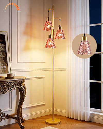 Image of Lightdot 67 inch Glass Floor Lamps for Living Room, 3-Light Dimmable Floor Lamp with Rose Red Glass Shade& Bulbs Included, Mid Century Standing Tall Lamp with 5Lbs Heavy Base for Bedroom /Sofa Beside-Gold