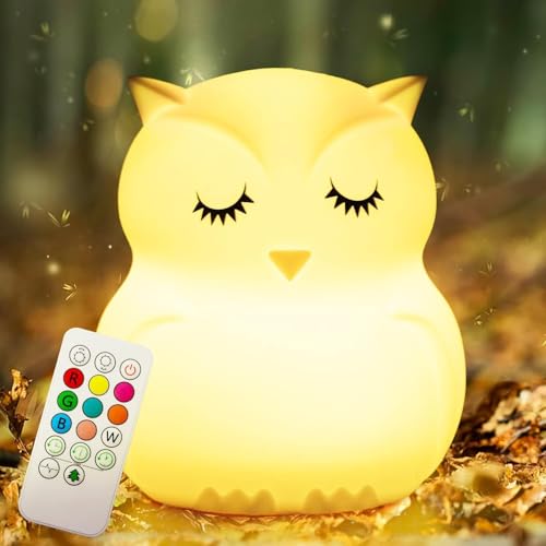 Image of MUID Owl Silicone Night Lamp | Rechargeable Nursery Night Light for Kids, Portable Color Changing LED Nightlight - Break Resistant, Eye Caring, Adjustable Brightness & Color and Time Setting
