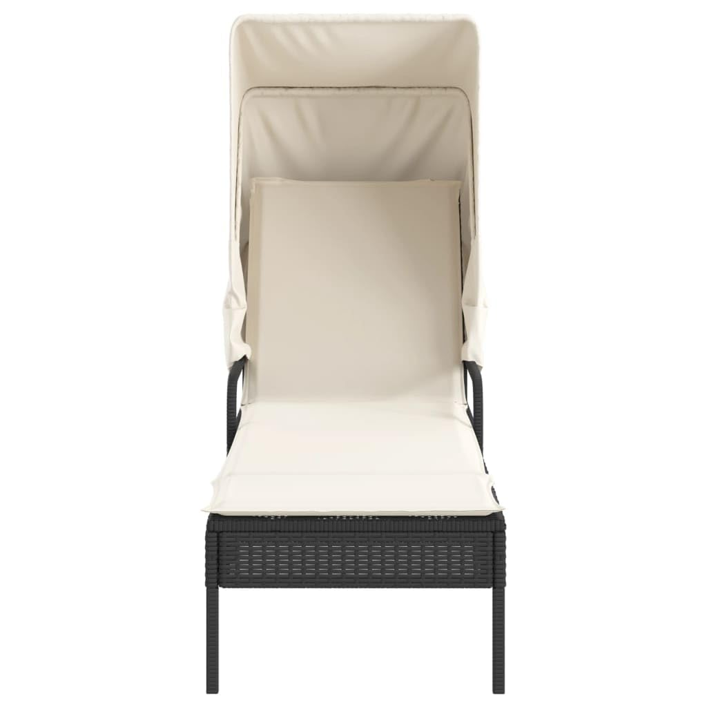 Sonnenliege mit Dach und Tisch Schwarz Poly Rattan Verstellbar Gartenliege Klappbar für Terrasse Balkon Pool Outdoor Camping Relaxliege mit Auflage
