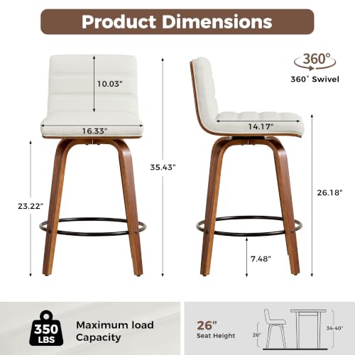 Image of Swivel Bar Stools Set of 2,26 inch Faux Leather Counter Height Barstools with Back,Mid Century Modern Upholstered Bar Chairs with Bentwood Legs Island Stools for Kitchen Counter White