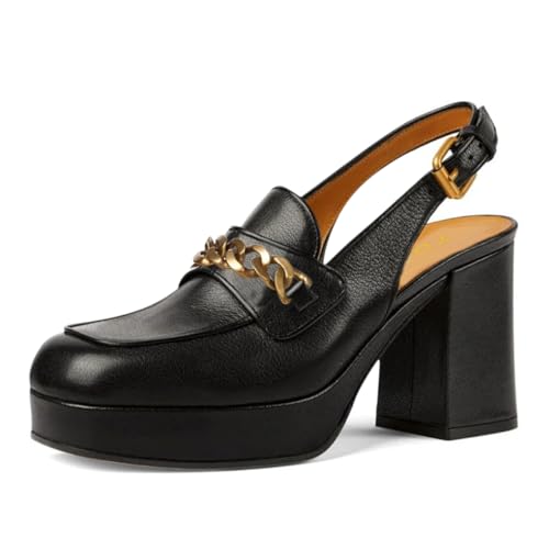 YDN Women Platform Square Toe Chunky High Heel Pumps Slingback Strap Buckle Chains Loafer Shoes Daily Shopping Outdoor Size 4-16 US