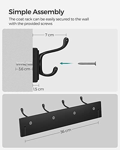 SONGMICS Coat Rack, Wall-Mounted Coat Hook, 4 Dual Metal Hooks, for Coats, Bags, in The Hallway, Bedroom, Living Room, Black LHR023B01