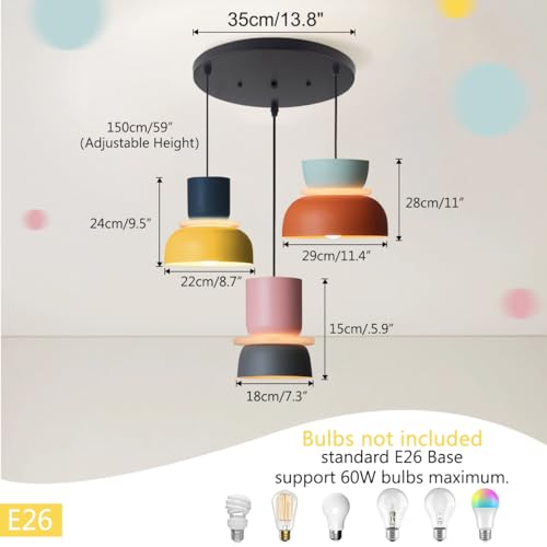Qufute Nordic Modern Pendant Light Macaron Color Mid Century Hanging Light Fixture with Aluminum Shade Colorful Chandelier Ceiling Pendant Lights for Dining Room Kitchen (3-Light) by Qufute - Used condition - Image 2