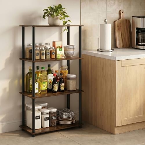 Image of Furinno Turn-N-Tube Storage Shelves, 4-Tier Toolless Book Shelf, Corner Shelf, Toolless Open Shelves, for Organization and Storage, Living Room, Garage, Home Office, Amber Pine