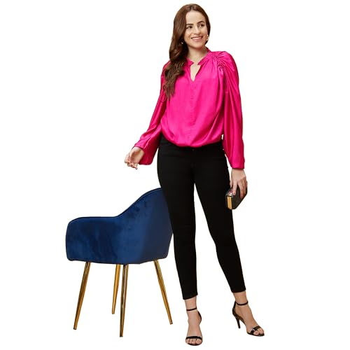 Image of Globus Women Pink V Neck Long Raglan Sleeves Gathered Solid Design Loose Party Top-3640069004