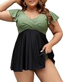 Edelqual Women's Plus Size Tankini Swimsuits Swim Dress Tummy Control Bathing Suits Two Piece Full Coverage High Waisted Modest Curvy Swimwear 2026(Army Green and Black,5XL)