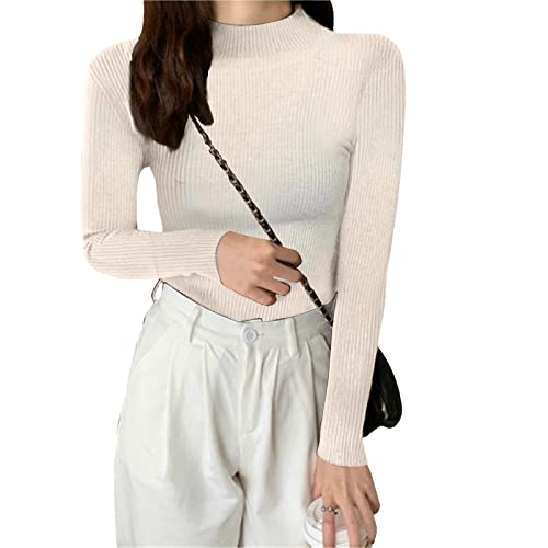 SearchI Damen Halbe Rollkragenpullover Langarm Slim Strickpullover Solide Pullover Tops Basis Winterpullover für Herbst Winter,Einheitsgröße(Weiß) Cover