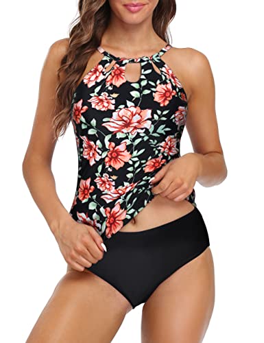 Hilor Tankini Swimsuits For Women Two Piece Bathing Suits Keyhole Swimwear Tankini Sets With Briefs Black Floral 16 #TOP19