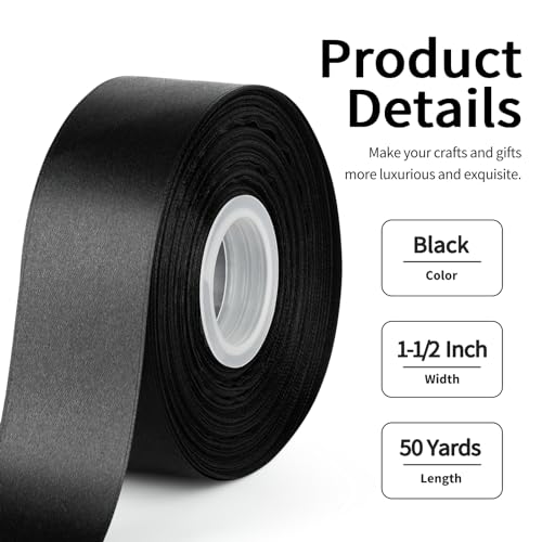 Image of Mauproy 1-1 /2 Inch Wide Black Satin Ribbon, 50 Yards Solid Polyester Fabric Ribbon for Roses Making, Mother's Day, Gift Wrapping, Flower Bouquets, Wedding Decorations, Handmade Crafts