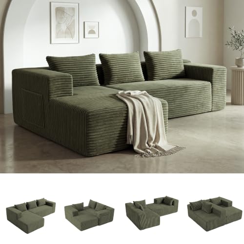 zzlay Modular Sectional L-Shaped Sofa with Deep Seat, Modern Boneless Comfy Corduroy Fluffy Couch with Side Pockets and Anti-Slip & Floor-Friendly Bottom for Living Room, No Assembly, Green
