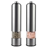 Molinillo de Pimienta Eléctrico de Sal y Pimienta, Molino Acero Inoxidable Automático con Luz Led y Tosquedad Ajustable,Sal Marina, Especias (2 Piezas)