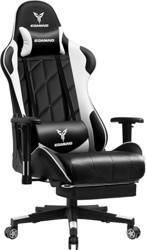 EXRACING Silla de gaming Racing Gamer, silla ergonómica para gaming con respaldo biiónico, silla de gaming, de piel sintética, respaldo ampliado, 150 kg, color blanco y negro