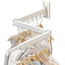 Wall Mounted Foldable Clothes Drying Rack, Heavy Duty 3-Fold Laundry Airer with Ring Hook Design, Space Saving Aluminum Rack for Balcony Bathroom Laundry Room,White Rings
