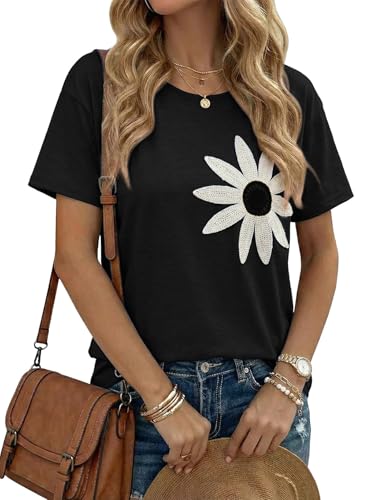 Dokotoo Womens Tops Summer Outfits for Women 2026 Crewneck Floral Embroidered Summer Blouses Casual Loose Short Sleeve T-Shirts Black Top Large