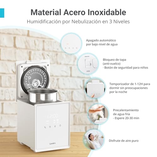 Miniatura 4 de Livatro Humidificador De Aire 3l Top-Fill, Humidificador De Vapor Caliente De Acero Inoxidable, Reduce El 99,97 De Las Bacterias,Temporizador Y Modo Sueño,Para Bebés,Oficina, Dormitorio,Sala De Estar