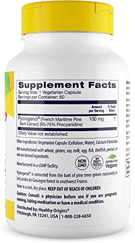 Healthy Origins Pycnogenol 100 Mg (Nature's Super Antioxidant, Non-Gmo, Gluten Free, Cardiovascular Support), 60 Veggie Caps #TOP1