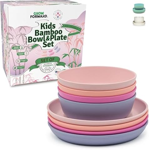 Grow Forward Bamboo Kids Plates and Bowls Set - 4 Bamboo Plates for Kids and 4 Bamboo Bowls for Kids - BPA Free & Dishwasher Safe - Eco Friendly Reusable and Biodegradable Childrens Dishes - Floral Cover