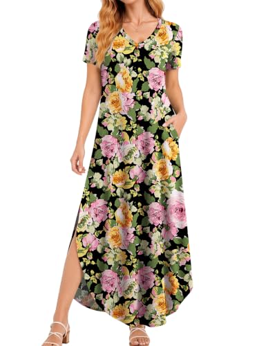 Image of Women's V-Neck Short Sleeve Maxi Sundress Summer Floral Boho Beach Dress with Pockets