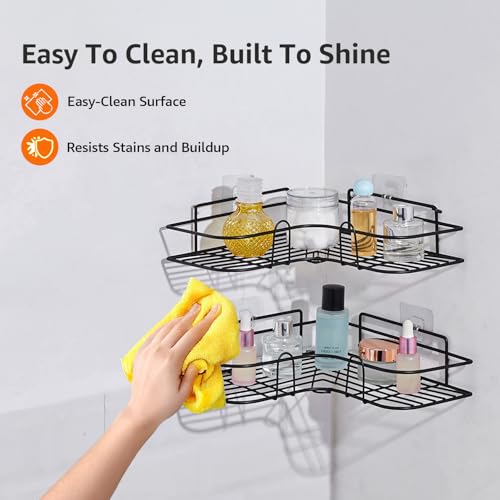 Image of Amazon Basics Self-Adhesive Corner Shelf | No-Drill, Wall-Mounted Organizer for Bathroom, Kitchen & Living Room - Premium Rust Proof GI Metal, 27 x 27 x 6 cm, Black, Pack of 2