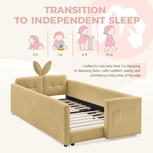Image of Twin Size Bed Frame for Kids, Upholstered Daybed Frame Floor Bed with Safety Rails and Storage Pocket Cute Rabbit Ear Shaped Headboard for Kids Teens Boys Girls, Yellow