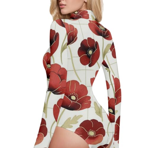 Body de manga larga para mujer con cuello alto y estampado botánico rojo 3