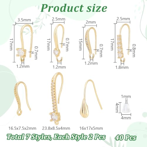 UNICRAFTALE 14Pcs 7 Style Real 18K Gold Plated Rhinestone Earring Hooks Brass Micro Pave Clear Rhinestones French Earring Hooks Ear Wire with Loops and Plastic Ear Nuts for DIY Jewelry Making - Image 3