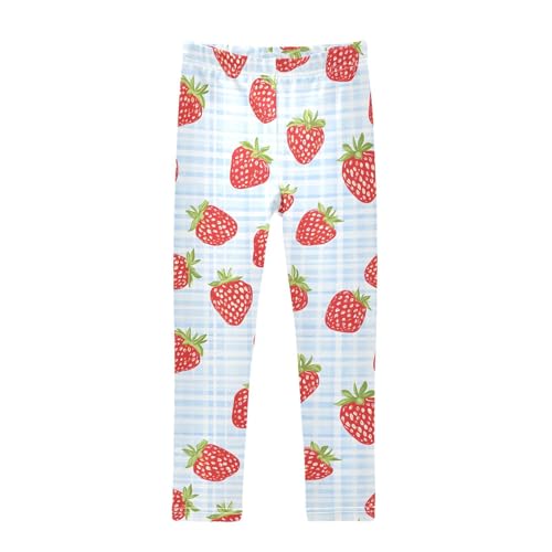 Strawberry Blue Plaid Girls Leggings Soft Stretch Workout Yoga Dance Pants for Kids Casual Tights