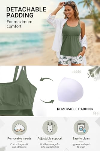 Image of Tempt Me Two Piece Tankini Swimsuits for Women Tummy Control Bathing Suit with Shorts Athletic Two Side Pockets Swimwear